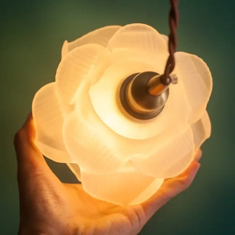 Rose frosted white glass pendant lamp with a delicate translucent off-white frosted white glass flower lampshade