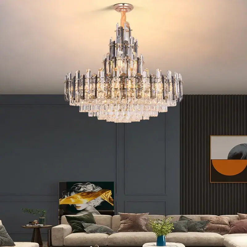 Rose gold and smoky tiered dimmable crystal chandelier lighting with clear and frosted prisms from decorbites
