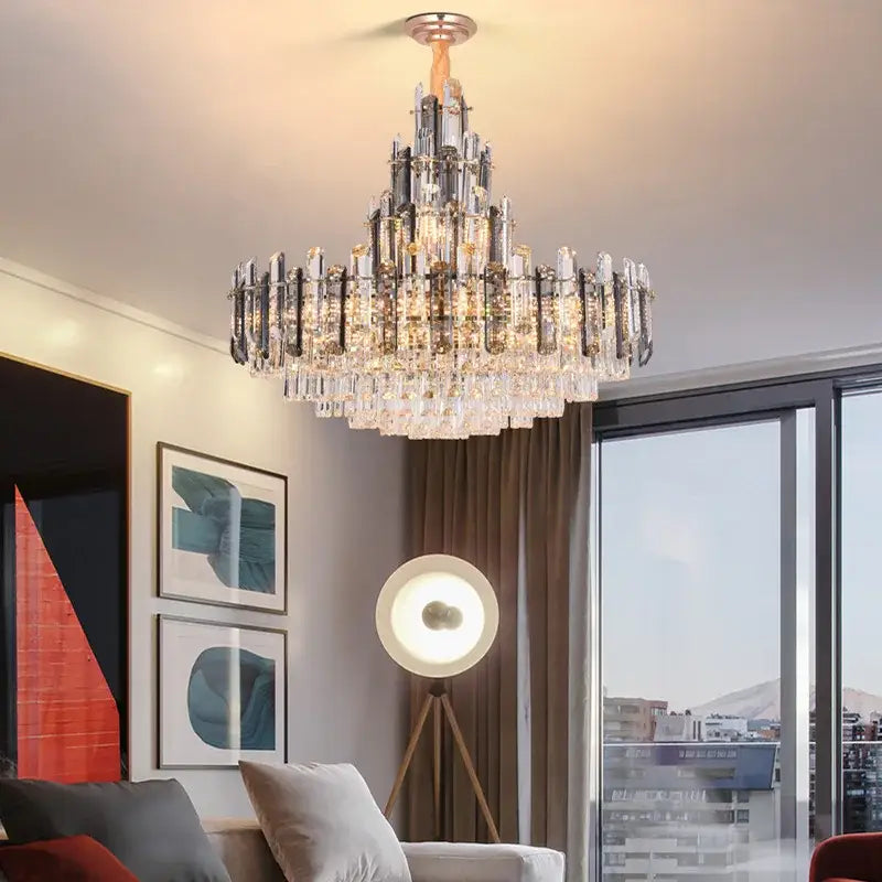 Rose gold and smoky dimmable crystal chandelier with tiered clear and gold prisms from decorbites dimmable crystal lighting