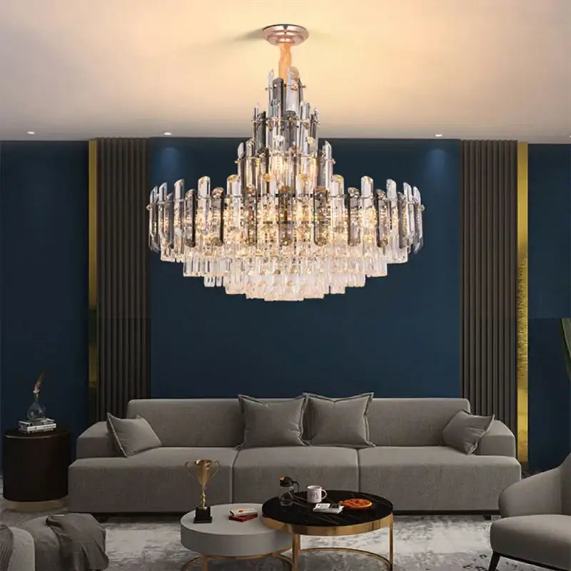 Rose gold and smoky dimmable crystal chandelier with tiered glass and brass fixture for crystal chandelier lighting