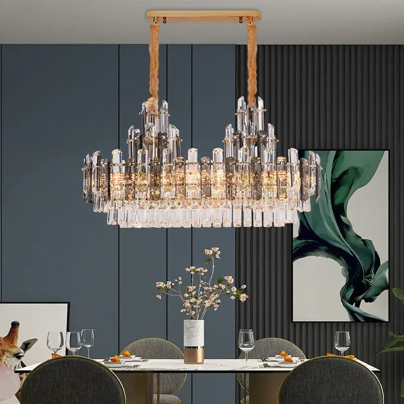 Rose gold and smoky dimmable crystal chandelier with clear prisms and gold accents on wooden frame for living room decorbites dimmable crystal lighting