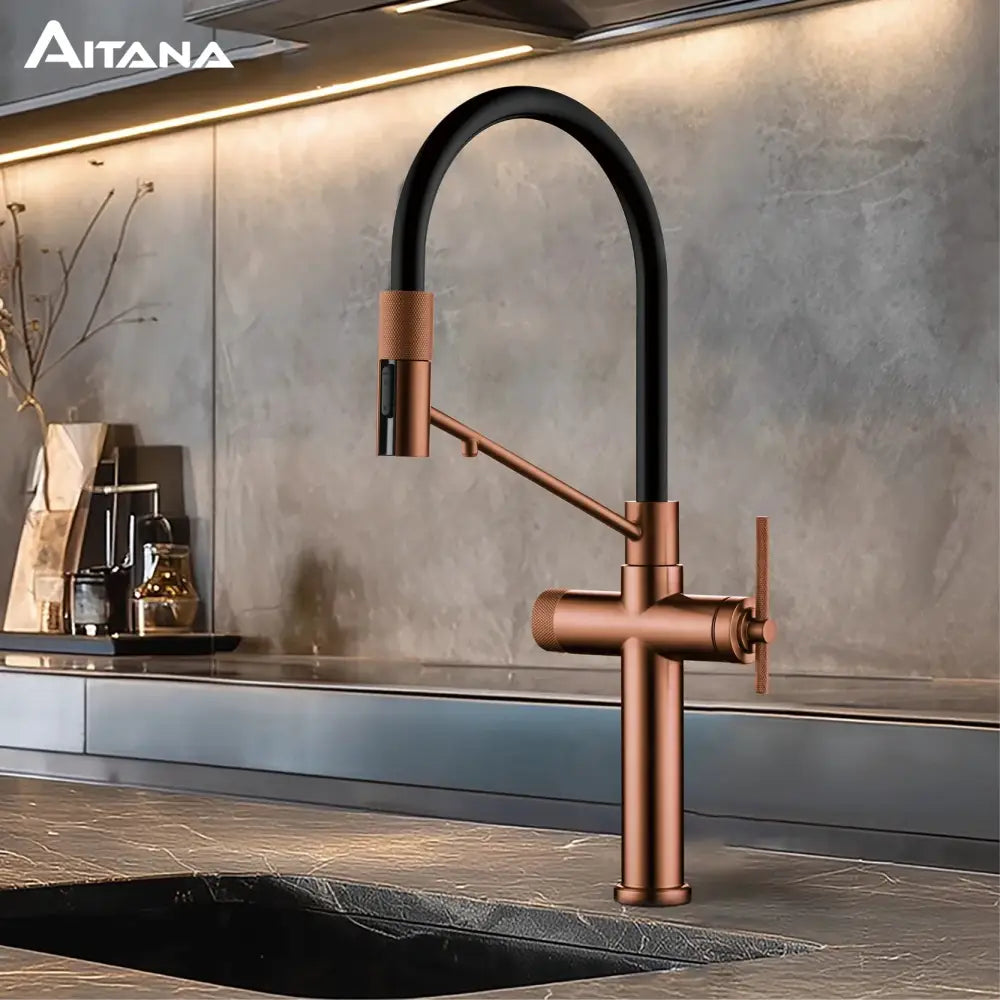 Aitana rose gold and black kitchen faucet with sleek arched pull-out spray spout and rose gold base and handle