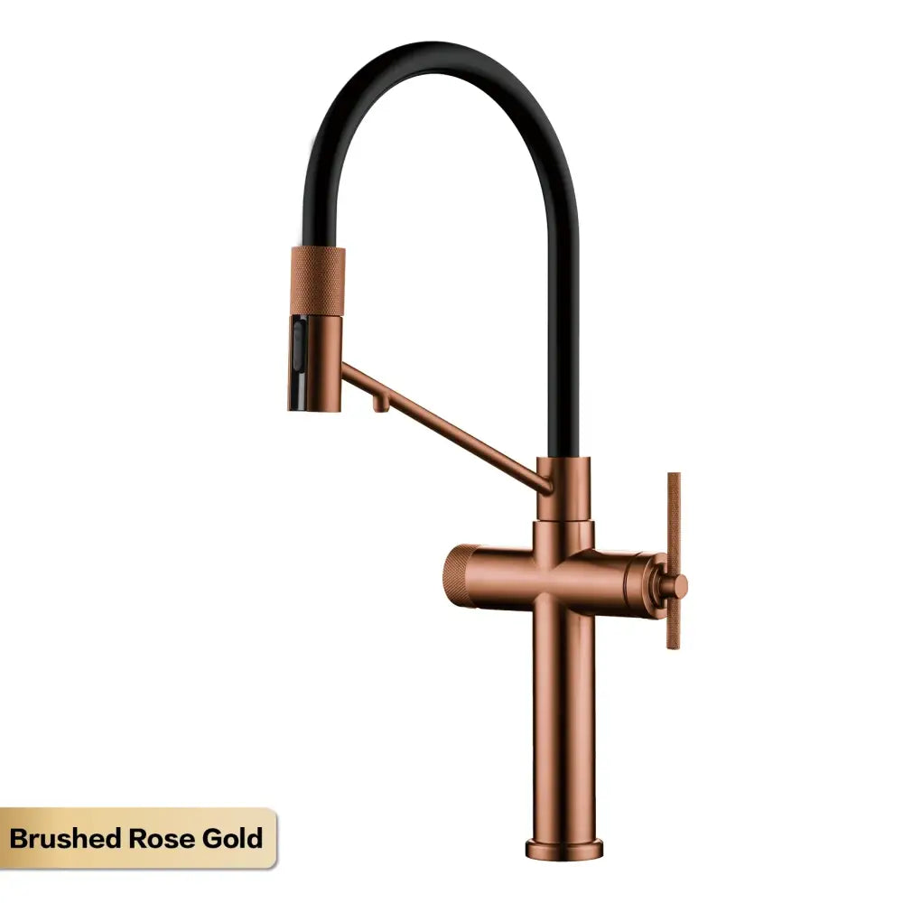Brushed rose gold and black kitchen faucet with pull-out spray spout and textured handle accents for modern kitchens