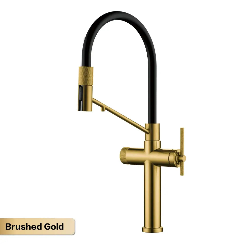Brushed gold kitchen faucet with rose gold and black pull-out spray spout featuring sleek curved design and textured accents