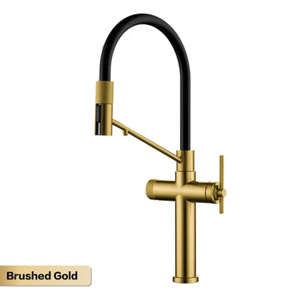 Brushed gold kitchen faucet with rose gold and black pull-out spray spout featuring sleek curved design and textured accents