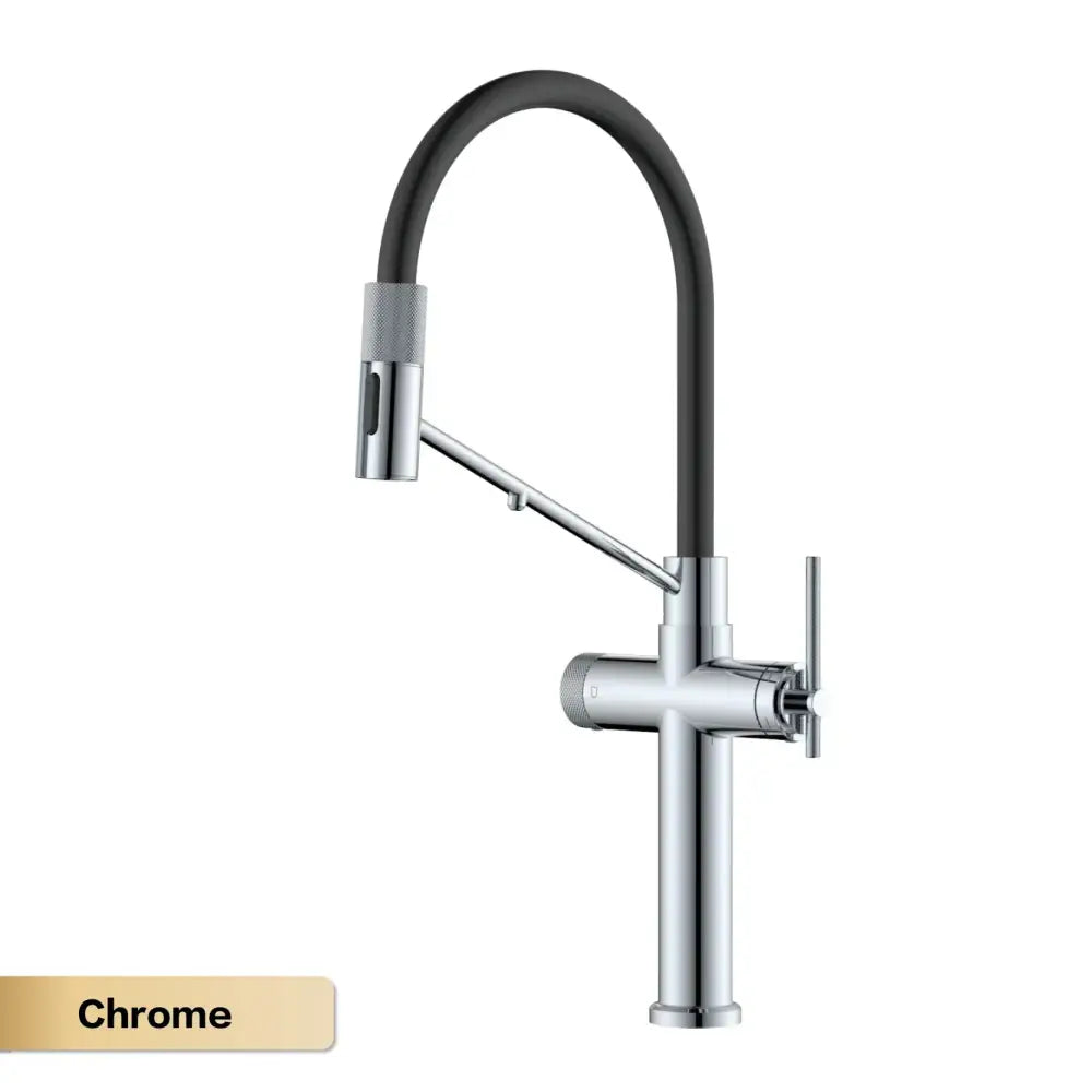 Chrome finished kitchen faucet with sleek arched spout and black flexible hose featuring a pull-out spray spout