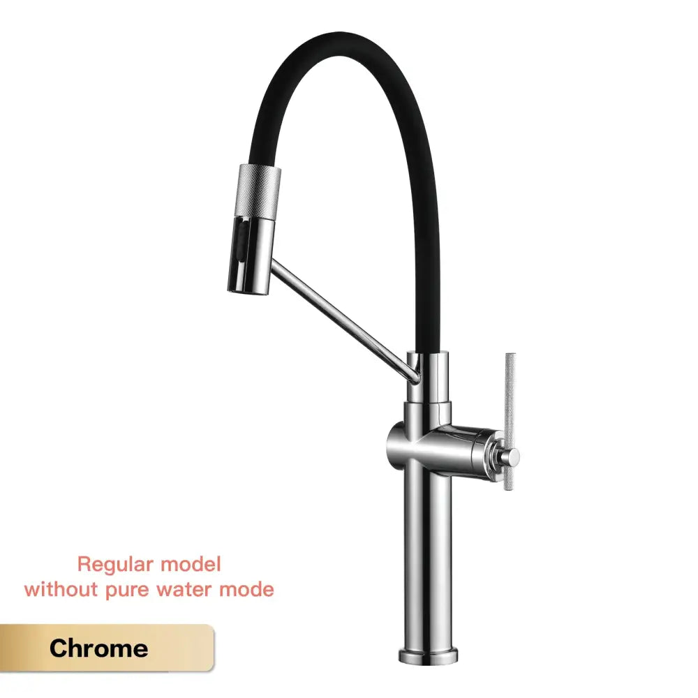 Rose gold and black pull-out spray kitchen faucet with chrome finish, sleek arched spout, and black flexible hose pull-out spray spout