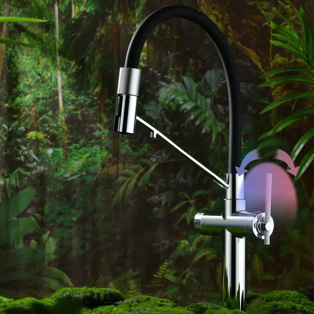 Black and chrome kitchen faucet with flexible gooseneck and pull-out spray spout featuring a single lever handle