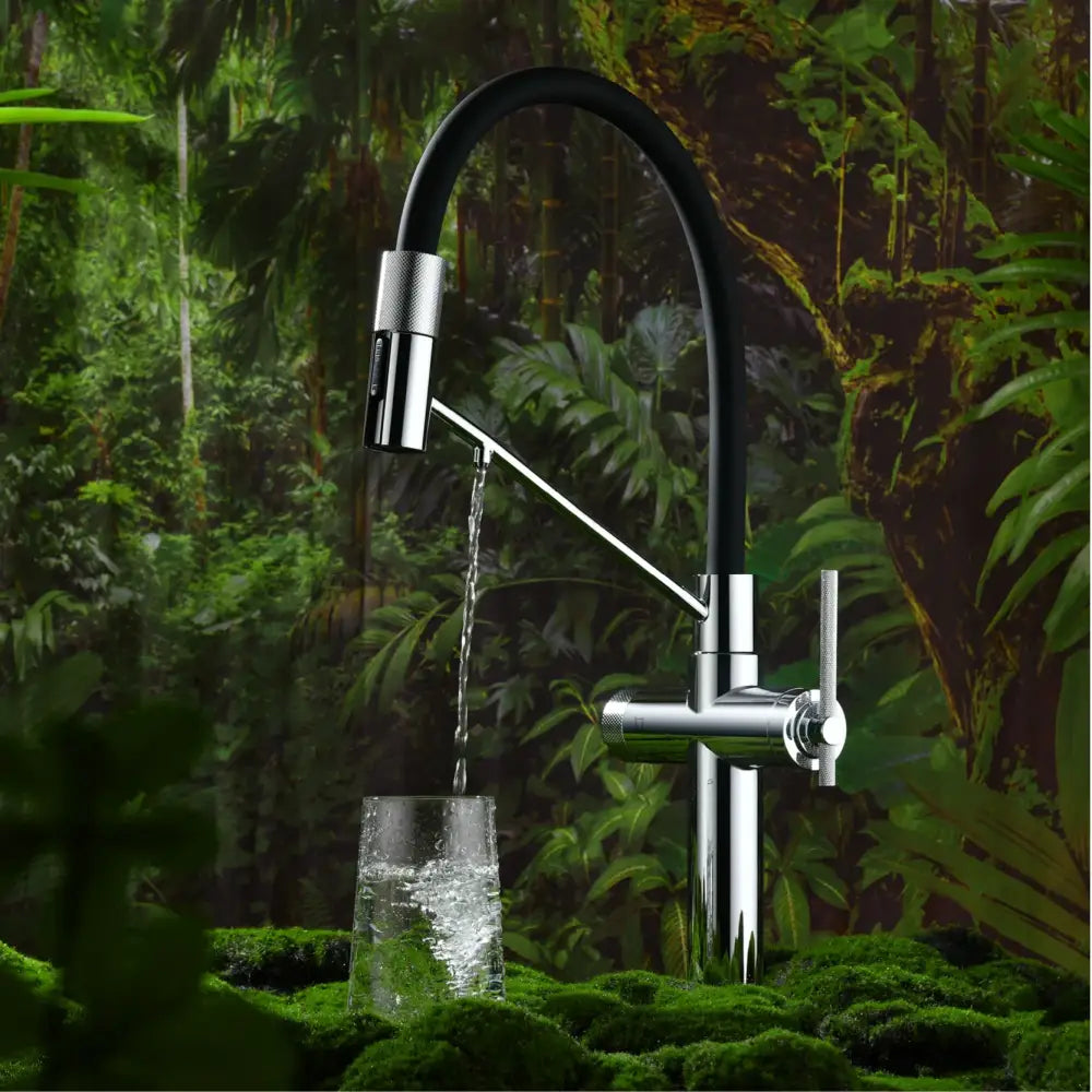 Modern rose gold and black kitchen faucet with chrome pull-out spray spout and sleek curved design