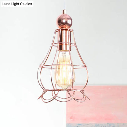 Rose Gold Caged Pendant Lamp - Loft Style Hanging Light with Adjustable Cord