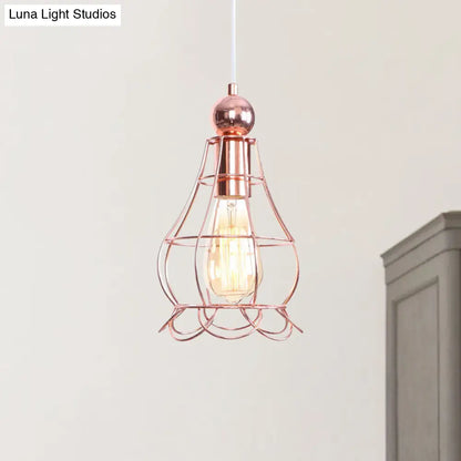 Rose Gold Caged Pendant Lamp - Loft Style Hanging Light with Adjustable Cord