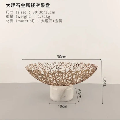Rose gold coral disc pedestal marble fruit bowl with intricate gold-toned metal lattice decorbites coral disc design