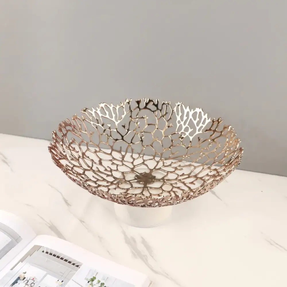 Rose gold coral disc pedestal fruit bowl with intricate coral lace design and smooth white marble base for dining decorbites coral disc