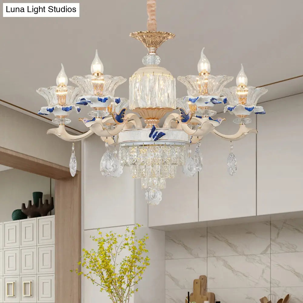 Lámpara colgante de araña de cristal oro rosa - 6/8 luces, diseño moderno floral para dormitorio, boche de cerámica