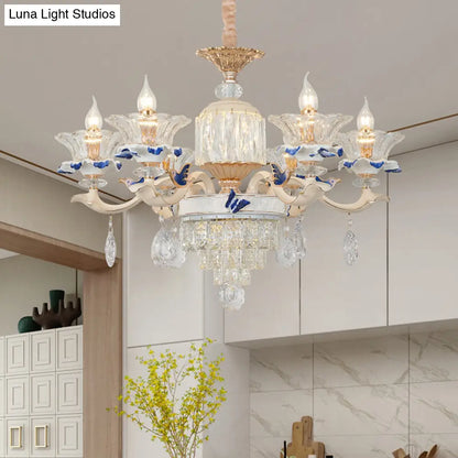 Lámpara colgante de araña de cristal oro rosa - 6/8 luces, diseño moderno floral para dormitorio, boche de cerámica