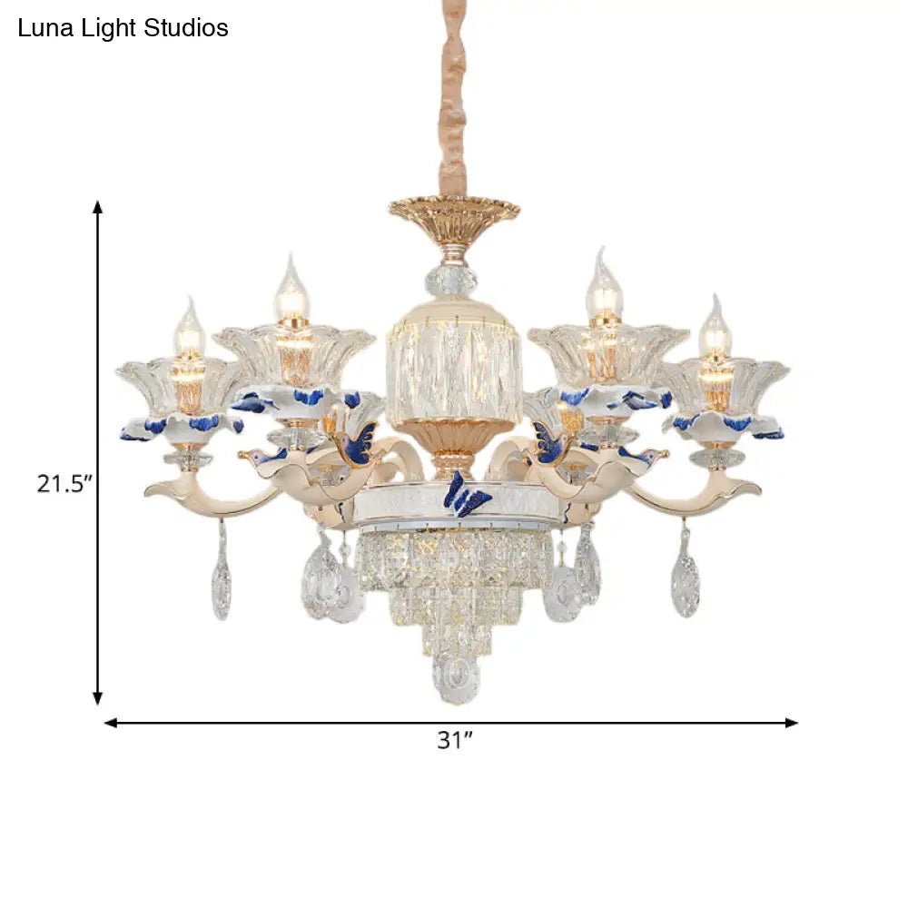 Lámpara colgante de araña de cristal oro rosa - 6/8 luces, diseño moderno floral para dormitorio, boche de cerámica