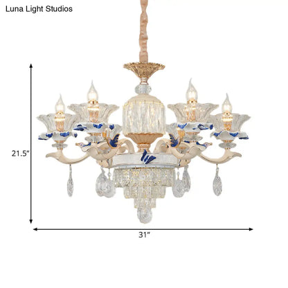 Lámpara colgante de araña de cristal oro rosa - 6/8 luces, diseño moderno floral para dormitorio, boche de cerámica