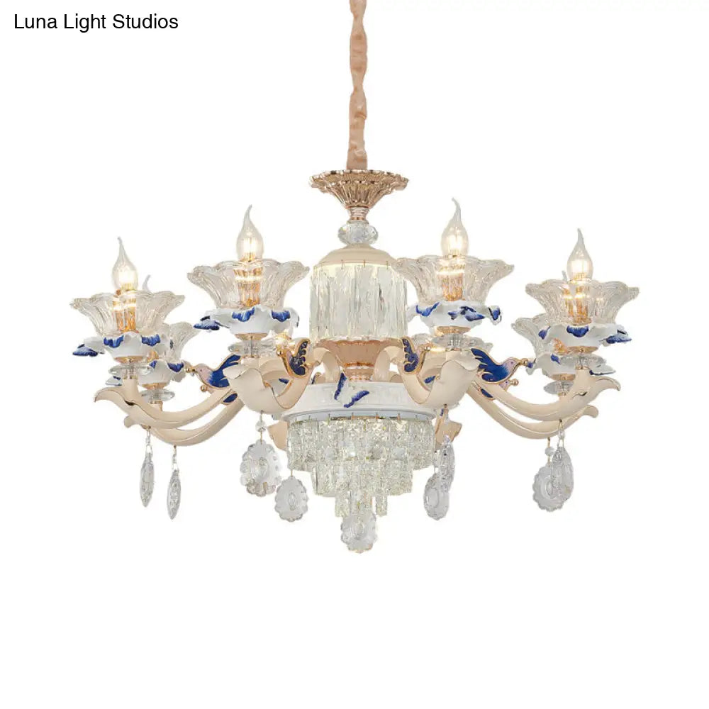 Lámpara colgante de araña de cristal oro rosa - 6/8 luces, diseño moderno floral para dormitorio, boche de cerámica