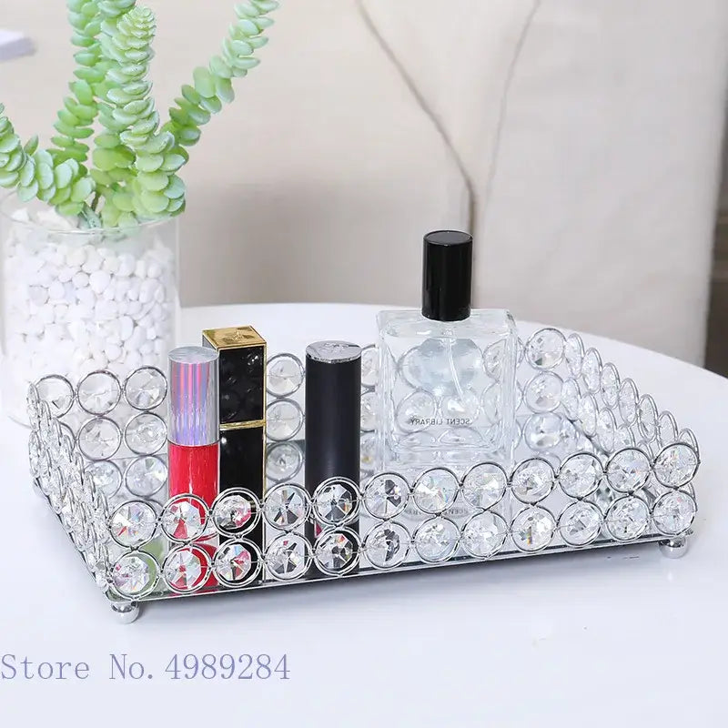 Rose gold crystal glass mirror tissue box holder with rectangular crystal-encrusted vanity tray and silver metal frame