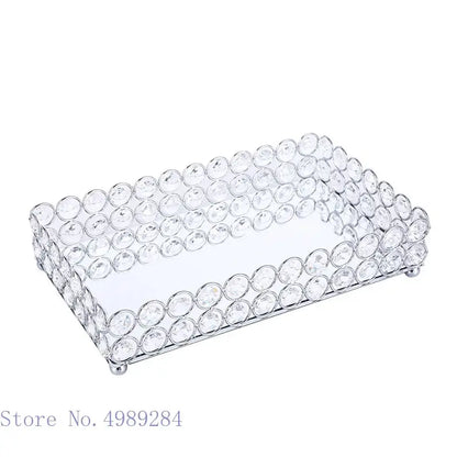 Clear crystal glass mirror rectangular tray with bead trim and silver feet for rose gold tissue box holder organizer