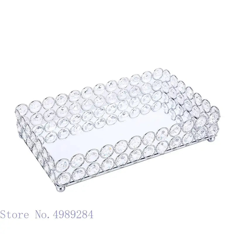 Clear crystal glass mirror rectangular tray with bead trim and silver feet for rose gold tissue box holder organizer