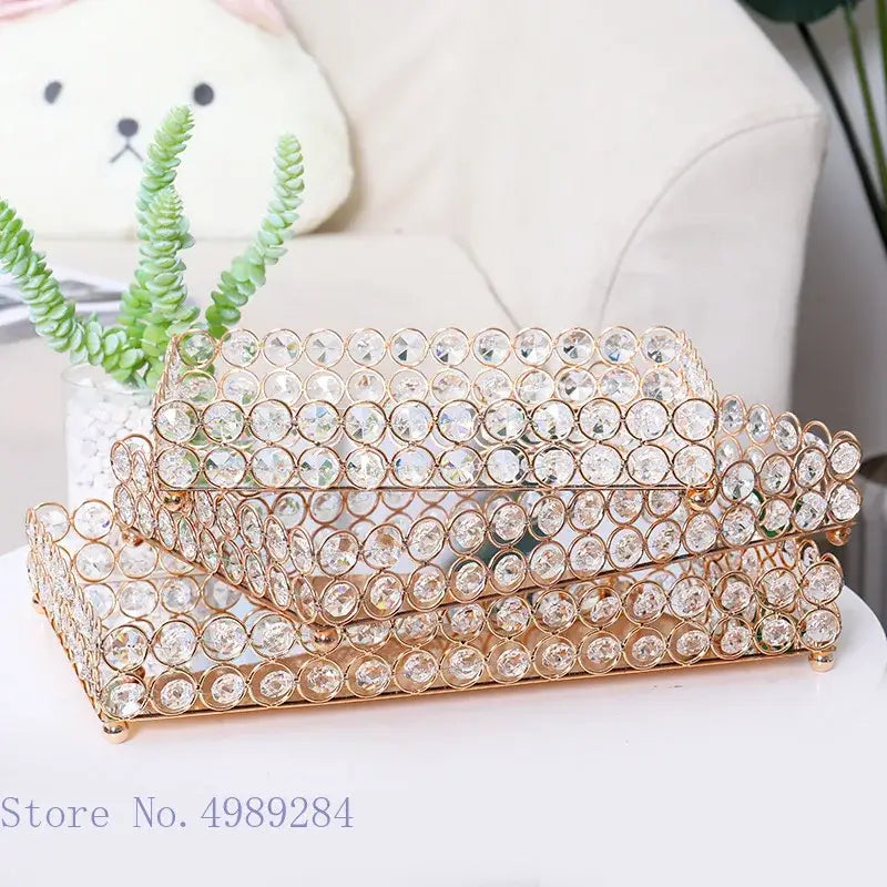 Rose gold crystal glass mirror tissue box holder with gold-toned crystal-encrusted stacked design for bedroom organizer