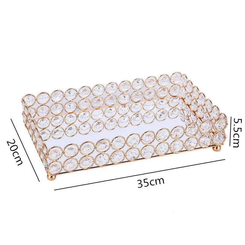 Rose gold crystal glass mirror tissue box holder with clear crystal beads in a gold-toned metal frame for bedroom use