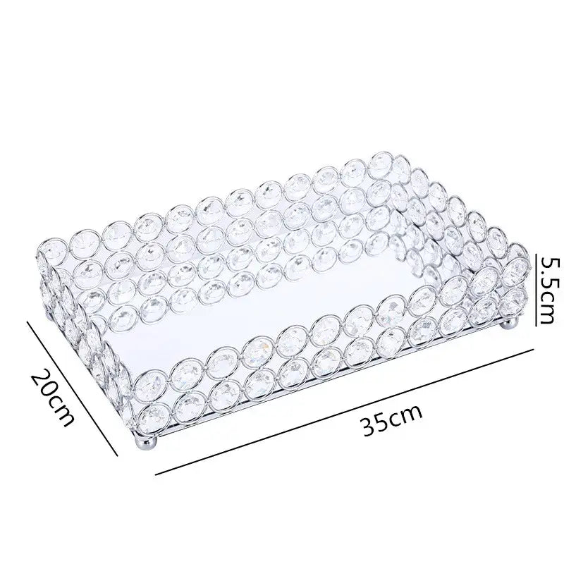 Clear crystal bead rectangular tray with glass mirror interior and silver metal base for rose gold tissue box holder