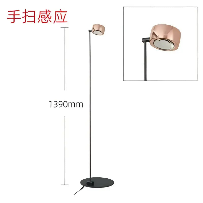 A sleek 1390mm tall decorbites designer fishing floor lamp with black stand and rose gold adjustable heads for living room