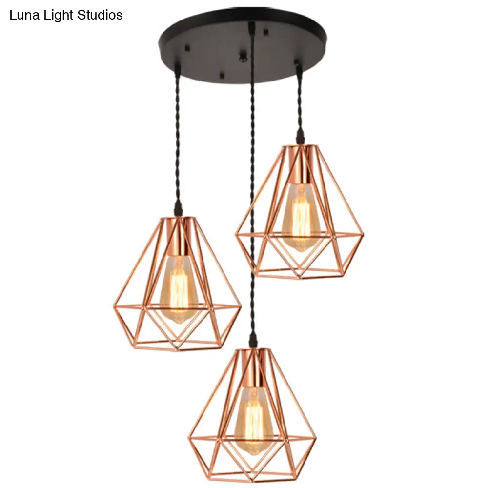 Rose Gold Diamond Iron Cluster Pendant - Post-Modern Restaurant Hanging Lamp