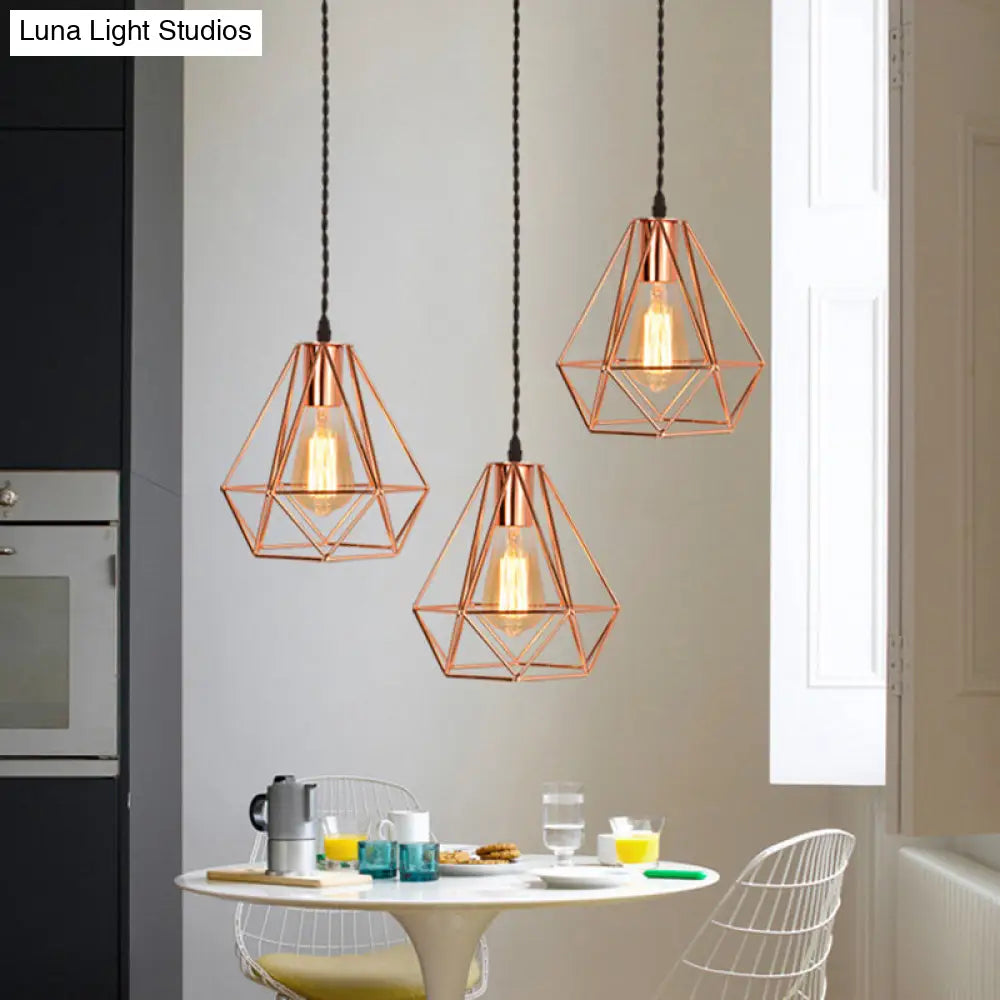 Rose Gold Diamond Iron Cluster Pendant - Post-Modern Restaurant Hanging Lamp