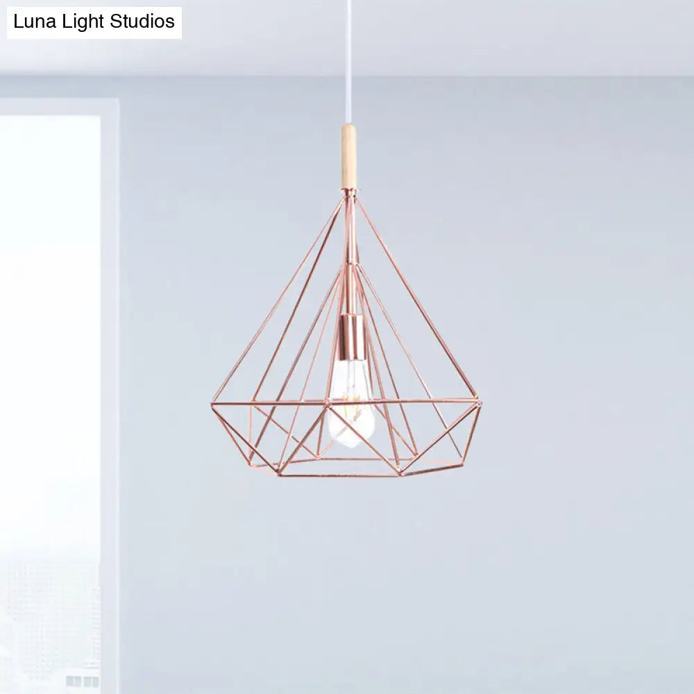 Rose Gold Diamond Metal Cage Pendant Light - Nordic Industrial Ceiling Hanging Lamp