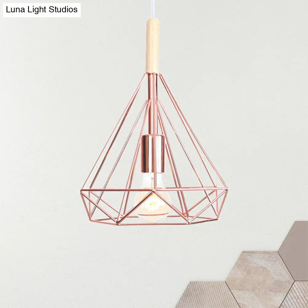 Rose Gold Diamond Metal Cage Pendant Light - Nordic Industrial Ceiling Hanging Lamp