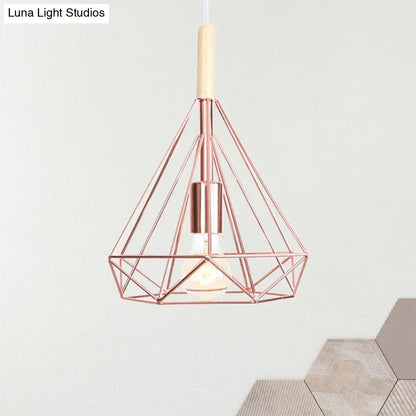 Rose Gold Diamond Metal Cage Pendant Light - Nordic Industrial Ceiling Hanging Lamp