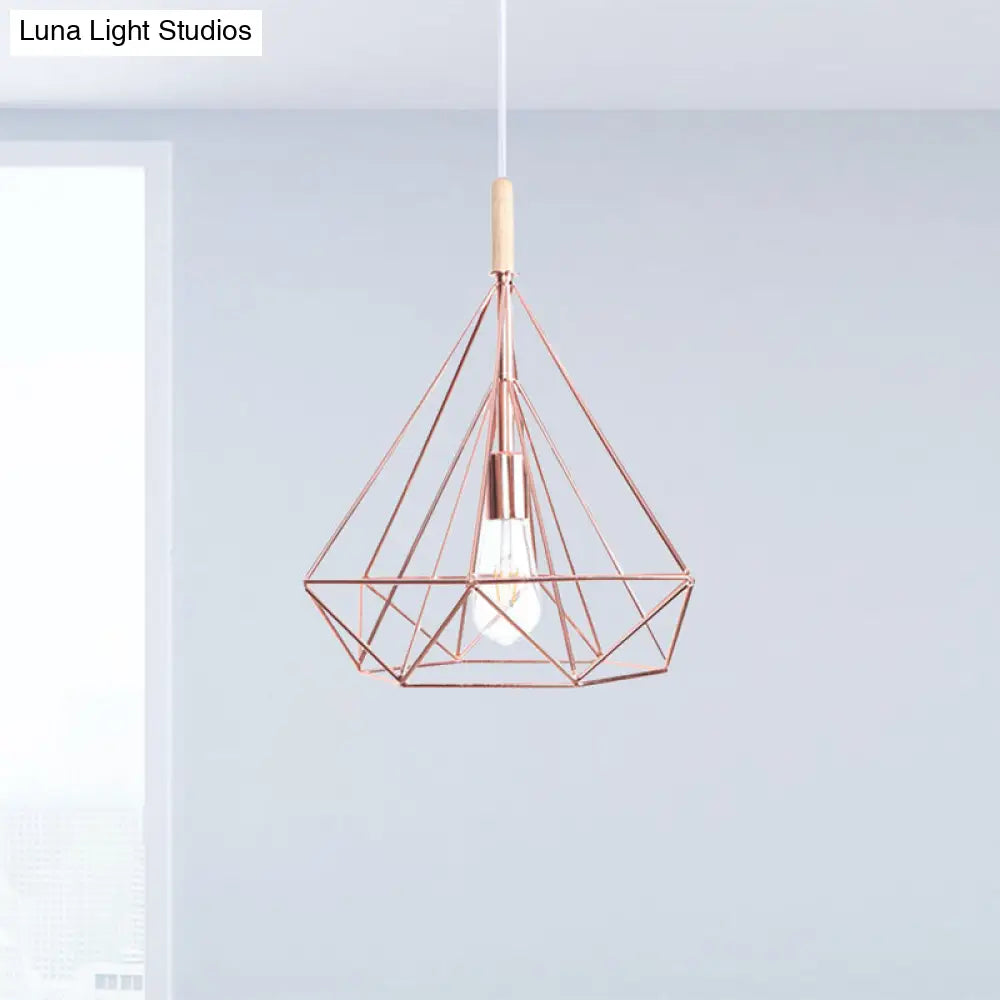 Rose Gold Diamond Metal Cage Pendant Light - Nordic Industrial Ceiling Hanging Lamp