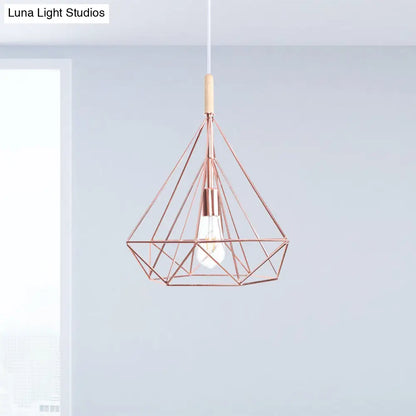 Rose Gold Diamond Metal Cage Pendant Light - Nordic Industrial Ceiling Hanging Lamp