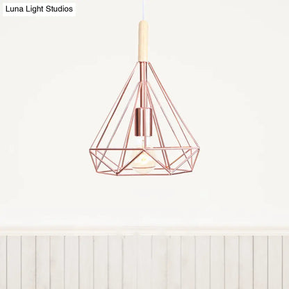 Rose Gold Diamond Metal Cage Pendant Light - Nordic Industrial Ceiling Hanging Lamp