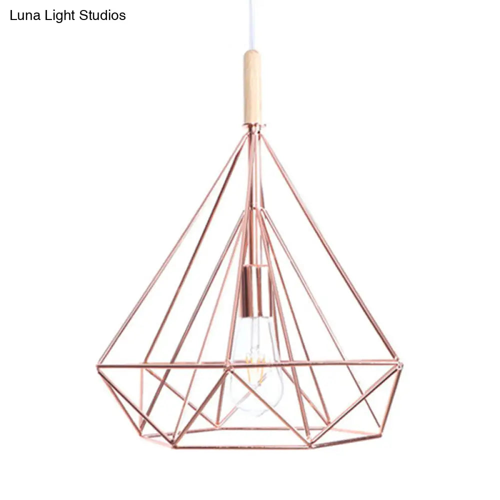 Rose Gold Diamond Metal Cage Pendant Light - Nordic Industrial Ceiling Hanging Lamp