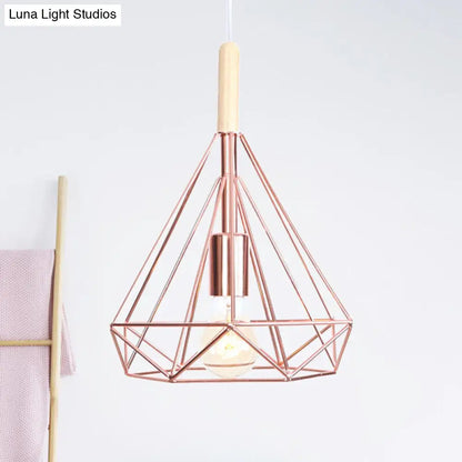 Rose Gold Diamond Metal Cage Pendant Light - Nordic Industrial Ceiling Hanging Lamp