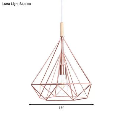 Rose Gold Diamond Metal Cage Pendant Light - Nordic Industrial Ceiling Hanging Lamp