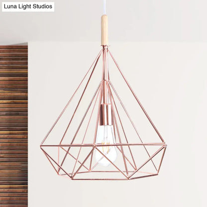 Rose Gold Diamond Metal Cage Pendant Light - Nordic Industrial Ceiling Hanging Lamp