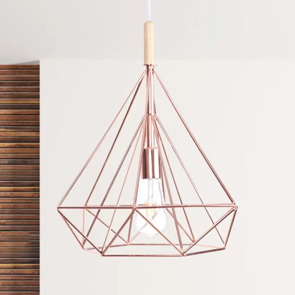 Rose Gold Diamond Metal Cage Pendant Light - Nordic Industrial Ceiling Hanging Lamp