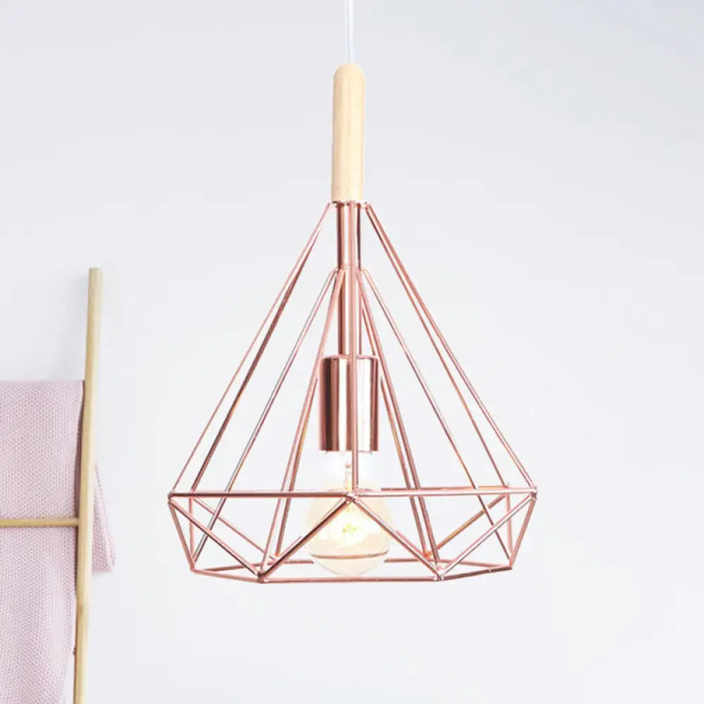 Rose Gold Diamond Metal Cage Pendant Light - Nordic Industrial Ceiling Hanging Lamp