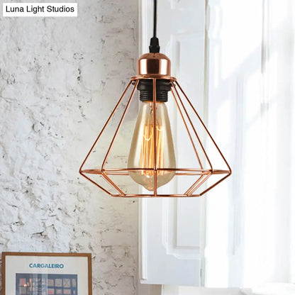 Rose Gold Geometric Cage Pendant Ceiling Light - Loft Industrial Bedroom Lighting