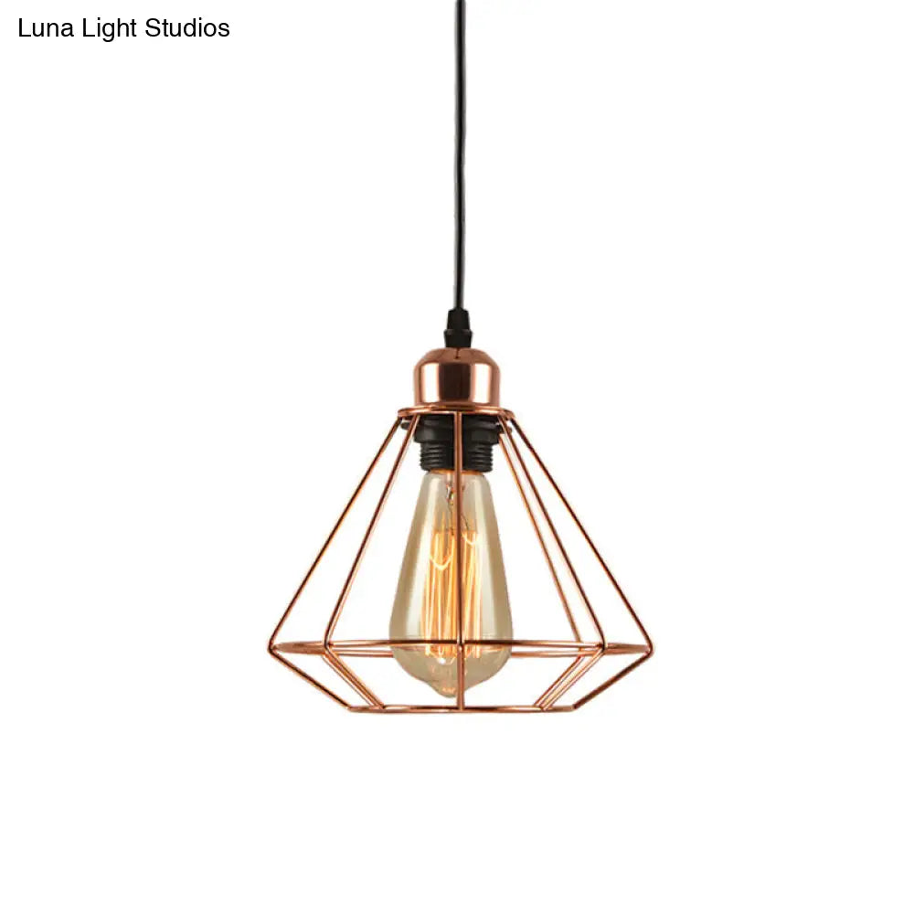 Rose Gold Geometric Cage Pendant Ceiling Light - Loft Industrial Bedroom Lighting