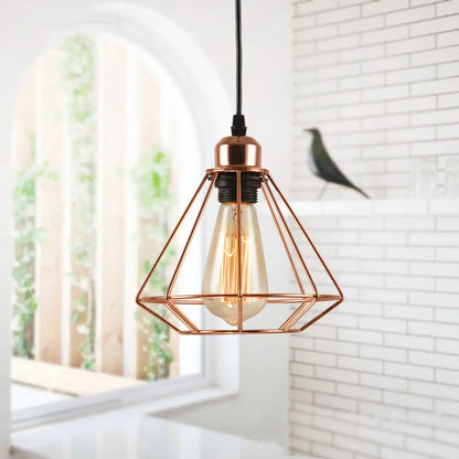 Rose Gold Geometric Cage Pendant Ceiling Light - Loft Industrial Bedroom Lighting