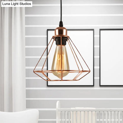 Rose Gold Geometric Cage Pendant Ceiling Light - Loft Industrial Bedroom Lighting