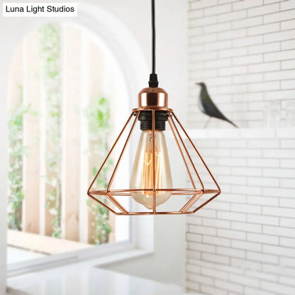 Rose Gold Geometric Cage Pendant Ceiling Light - Loft Industrial Bedroom Lighting