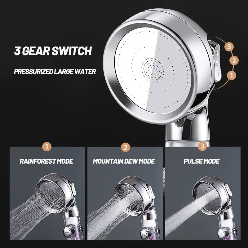 Chrome finished rose gold high pressure shower head with transparent filter housing and removable purple components for easy cleaning