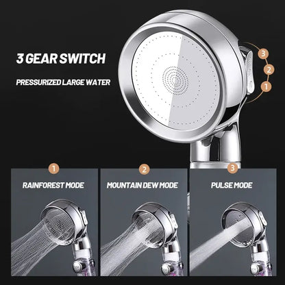 Chrome finished rose gold high pressure shower head with transparent filter housing and removable purple components for easy cleaning